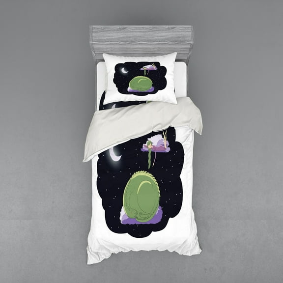 Fantasy Duvet Cover Set, Fantasy Night Sky with a Sleeping Girl and a Dragon on the Clouds Dreams, Bedding Set with Shams and Fitted Sheet, 3 Sizes, by Ambesonne