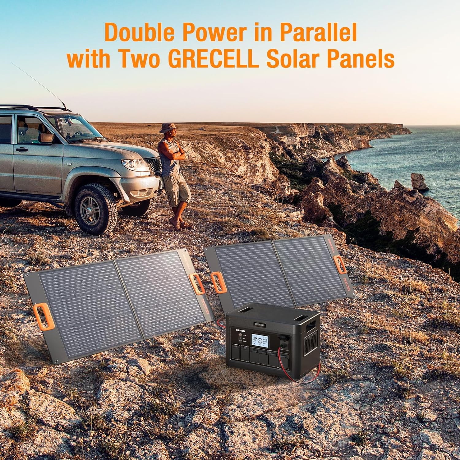 GRECELL Portable Power Station 2400W Solar Generator with 100W Solar Panel, 1843Wh UPS Backup LiFePO4 Battery Power Supply with 11 Outlets(4 2400W AC Outlets,2 PD100W) for Home CPAP Camping RV