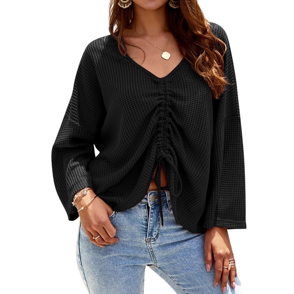 Women Drawstring Ruching Front V Neck Long Sleeve Waffle Top