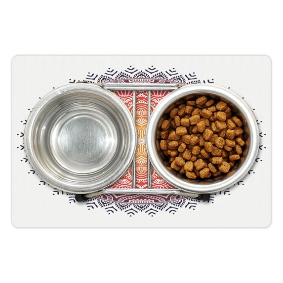 Mandala Pet Mat for Food and Water, Geometric National Motif with Gradient Tone Effects Petal Heart Forms Medallion, Non-Slip Rubber Mat for Dogs and Cats, 18" X 12", by Ambesonne