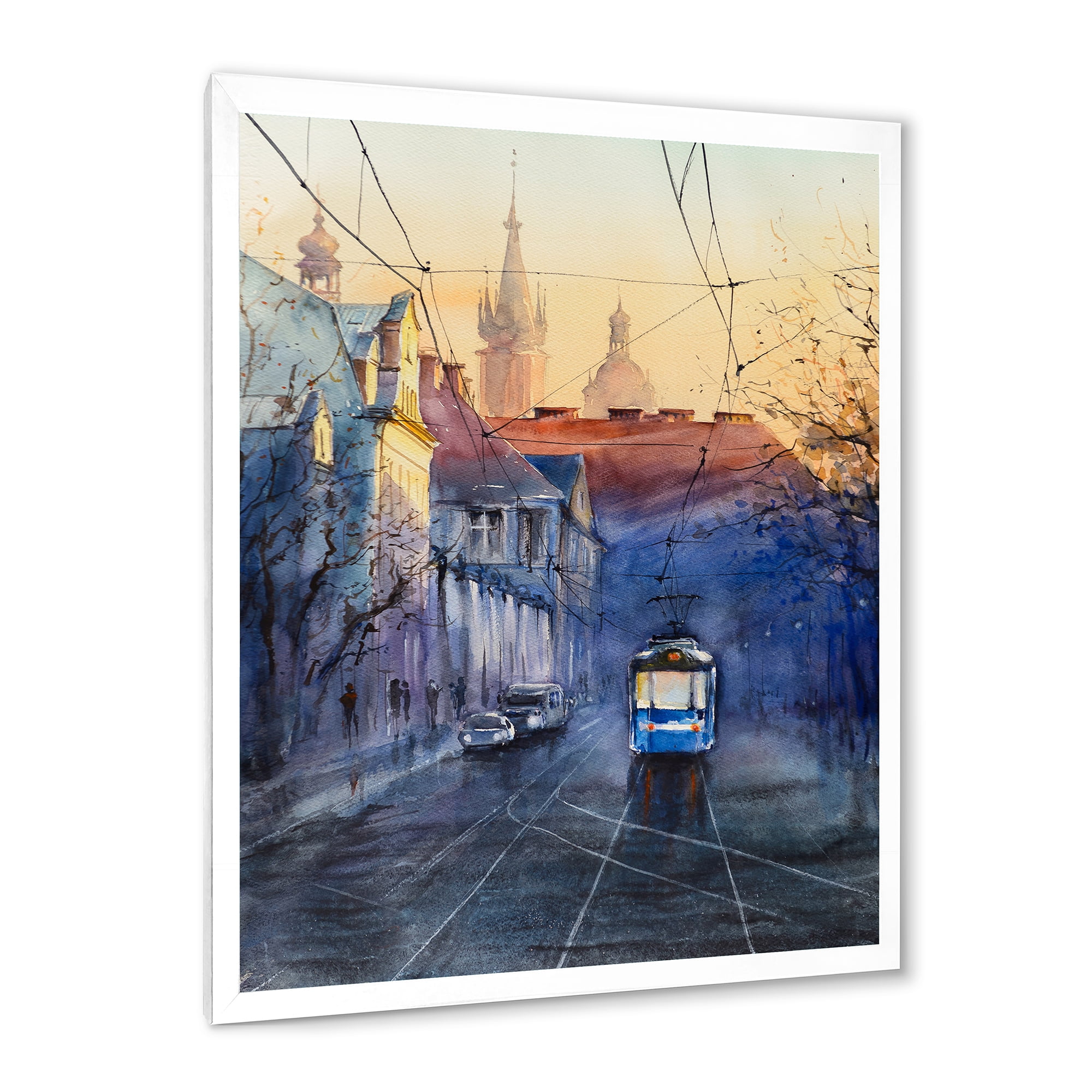 Blue Tram At Sunset With Church During Sunset Cityscape 12 in x 20 in Framed Painting Canvas Art Print, by Designart