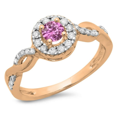 0.55 Carat (ctw) 14K Rose Gold Round Cut Pink Sapphire & White Diamond Ladies Swirl Bridal Halo Engagement Ring 1/2 CT