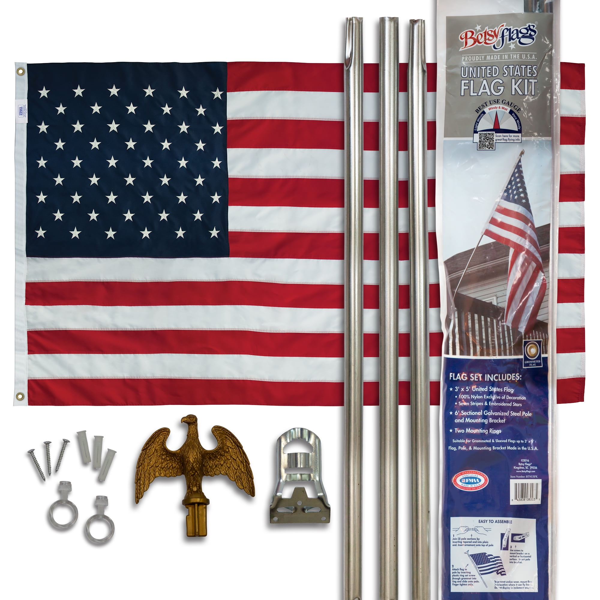 3x5 FT US American Flag and 6' Ft Flagpole kit Made in the USA Valley Forge Flag 
