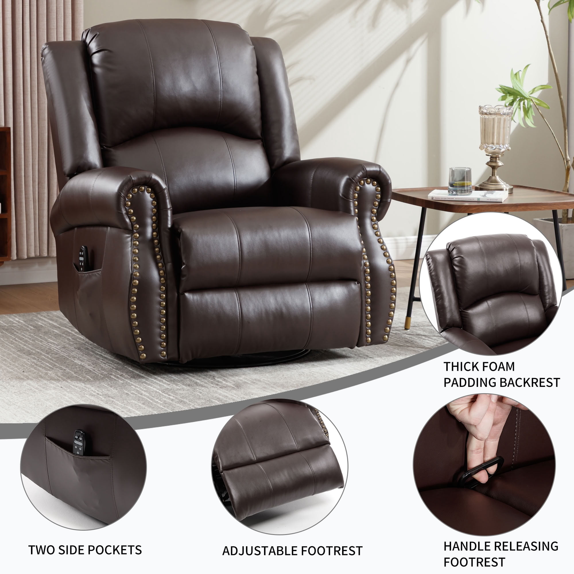 MAYEERTY 360 Degree Swivel Rocker Recliner Chair, Leather Manual Recline Glider Armchair with 8-Point Vibration Massage & Lumbar Heat, 350 LBS Capacity for Living Room Home Theater