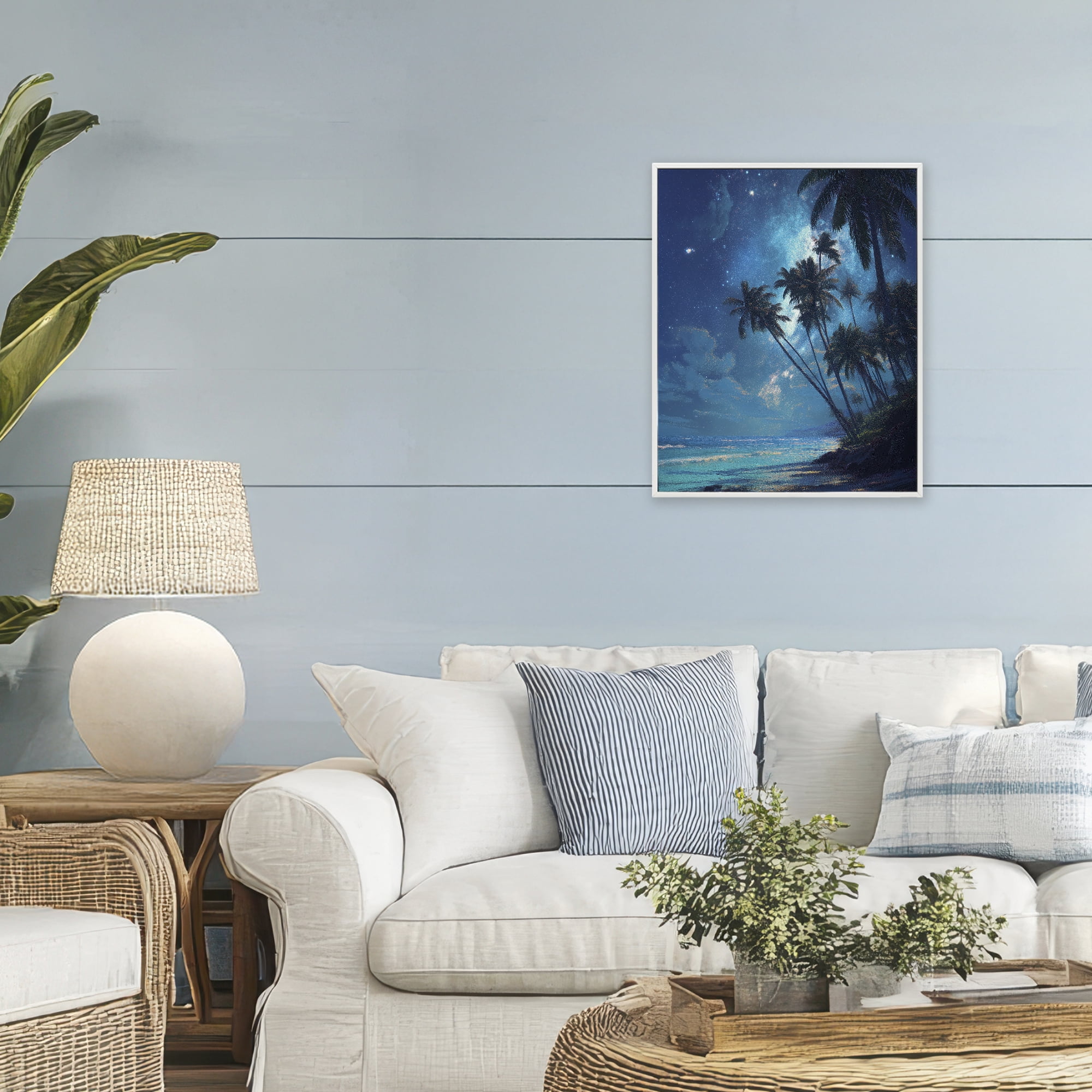 Moonlit Beach Palm Trees White Framed Giclee Art, design by Ziwei Li
