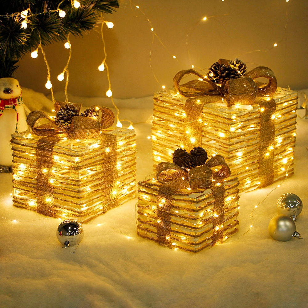 Latady Set of 3 Christmas Lighted Gift Boxes, Prelit Xmas Tree Skirt