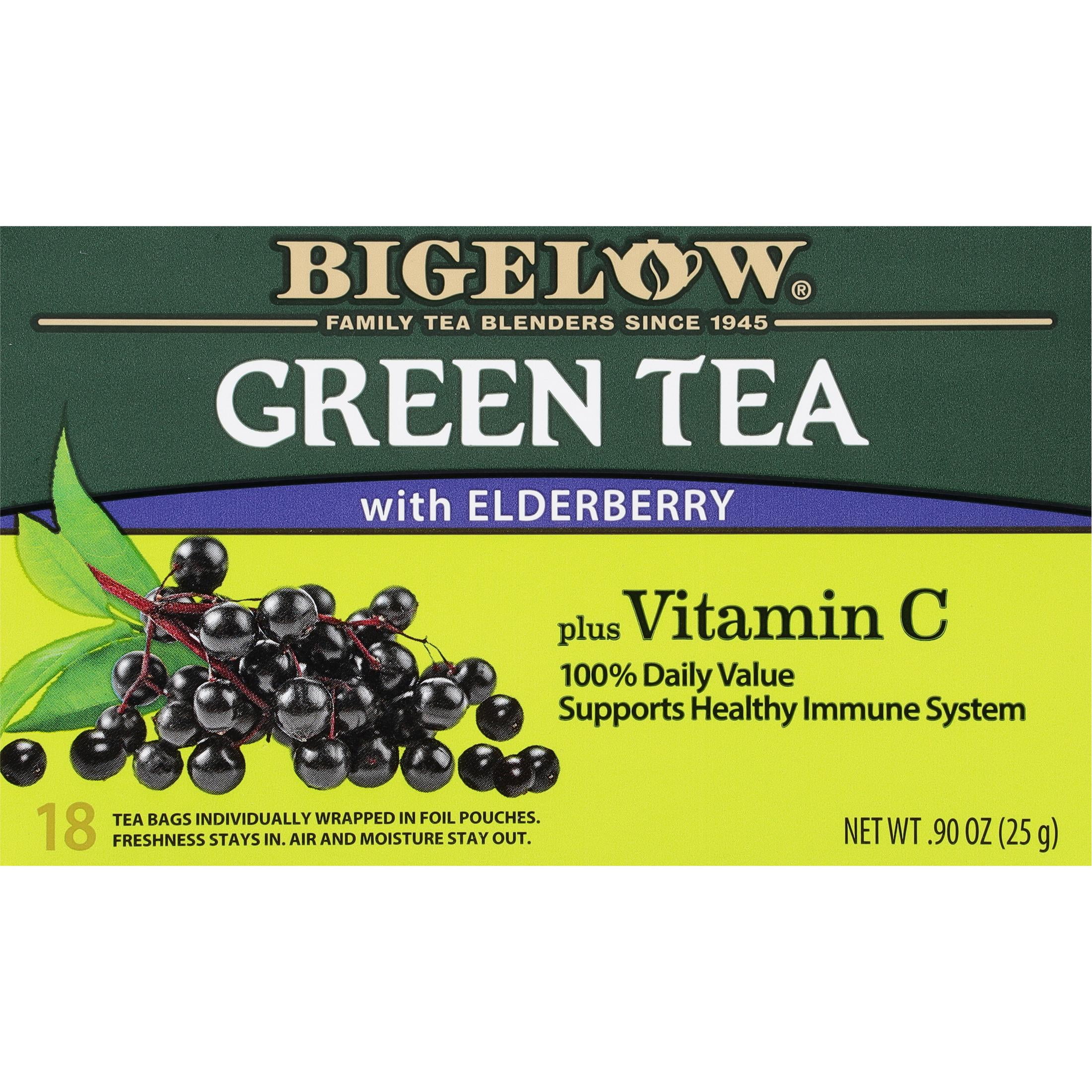 (4 pack) Bigelow Green Tea with Elderberry, Plus Vitamin C, Tea Bags, 18 Count