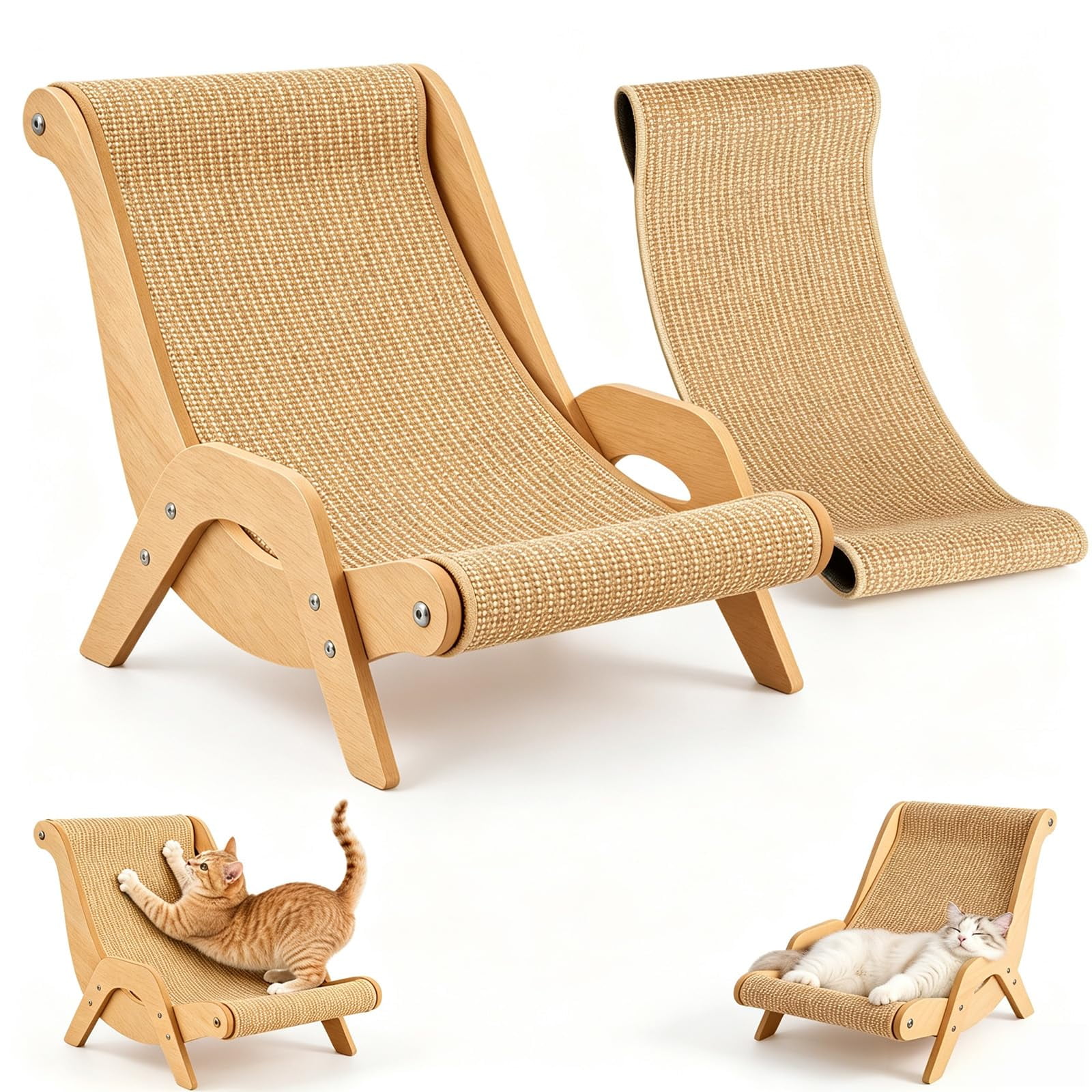 Cat Scratch Lounge Chair with Replaceable Sisal Mat Upgrade Multi-Layer Solid Wood & Sisal Anti Slip Base for Pets Scratching Napping Stretching and Sofa Protection