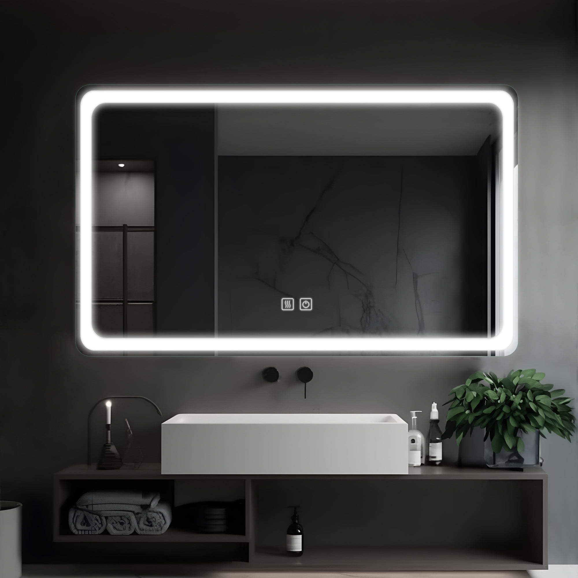 51"x31" LED Lighted Round Angle Wall Mounted Bathroom Mirror Modern Rectrangle Vanity Mirror with Anti-Fog,Silver