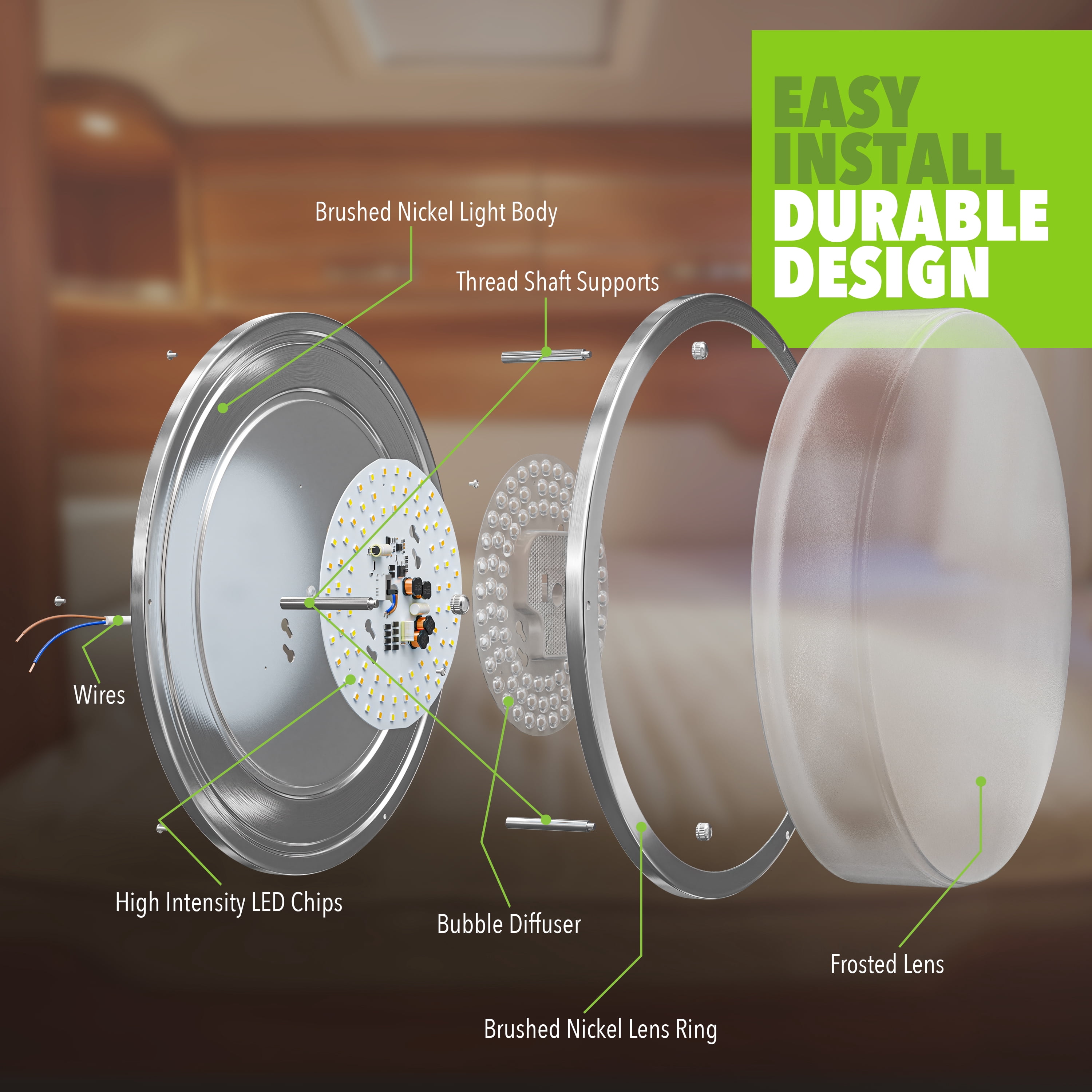 Leisure LED Brushed Nickel Ceiling Light 14 inch Flush Mount Adjustable Light Color (3000K/4000K/6500K) Surface Mount Ceiling Lamp for RV, Trailer, Camper, Boat DC 12V 28W