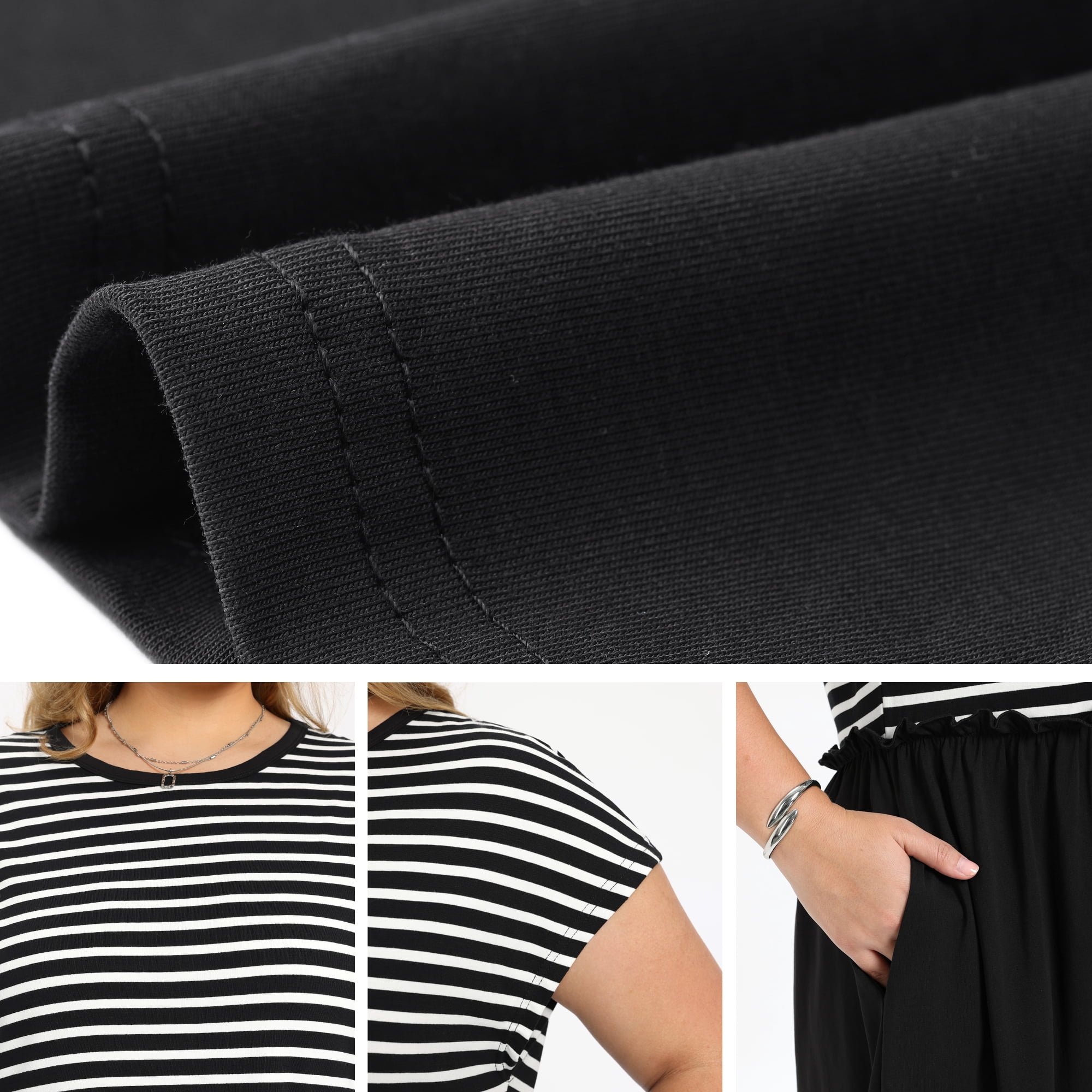 DARING DIVA Women's Plus Casual Midi A-Line and Striped Dress 2X Black