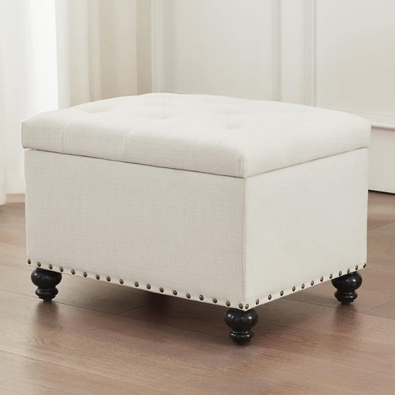 Small Storage Ottoman, Tufted Ottoman Foot Rest, Foot Stools, 24" Upholstered Rectangle  with Solid Wood Legs for Living Room, Bedroom, Dorms and Apartments (White)