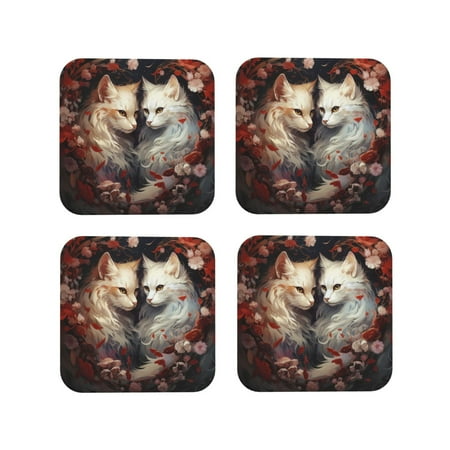 

Fuzoiu Flower Cat Couple Print Leather Coasters Set Drink Coasters Set of 4 for Tabletop Protection Durable PVC Coasters Home Décor and Housewarming Gift-Square