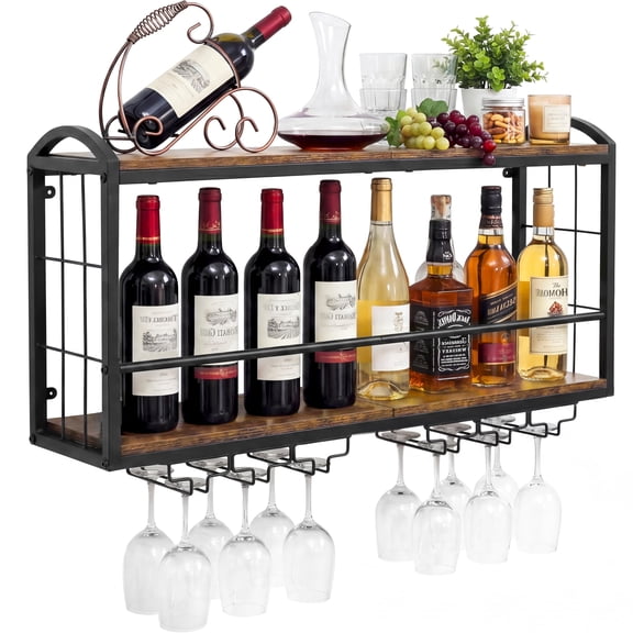 Wall Mounted Wine Rack, Floating Bar Shelf with 2 Tier Wood Shelves and Wine Glass Holder, Rustic Industrial Wine Storage Organizer for Kitchen Dining Room Home Bar (Model B)