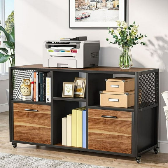 2 Drawer Wood File Cabinet, Large Mobile Lateral Filing Cabinet Printer Stand with Storage Shelves and Wheels for Home Office