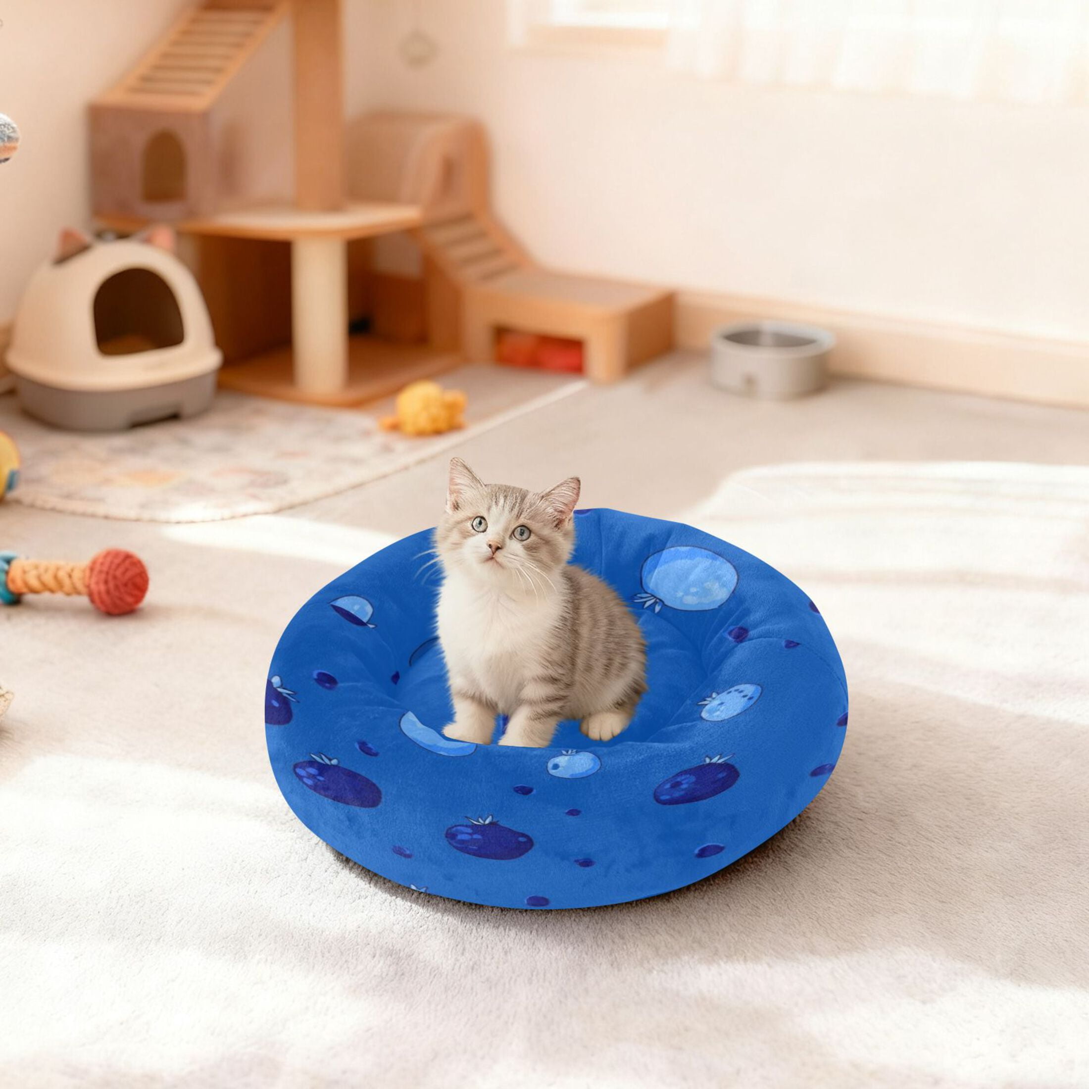 Iauyy Pet Couch Donut Cat Bed for Indoor Cats/Small Dogs Washable & Machine with Non-slip Bottom Calming Cat Furniture, Pomegranate Pattern (M)