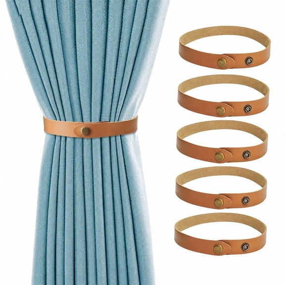 6Pcs PU Leather Curtain Tiebacks, Ring Clips Curtain Holdabacks Buckle for Window Draperies of Home Hotel Curtain Holders, Rope Decoration Creative Curtains Ties Modern Minimalist (Light Brown)