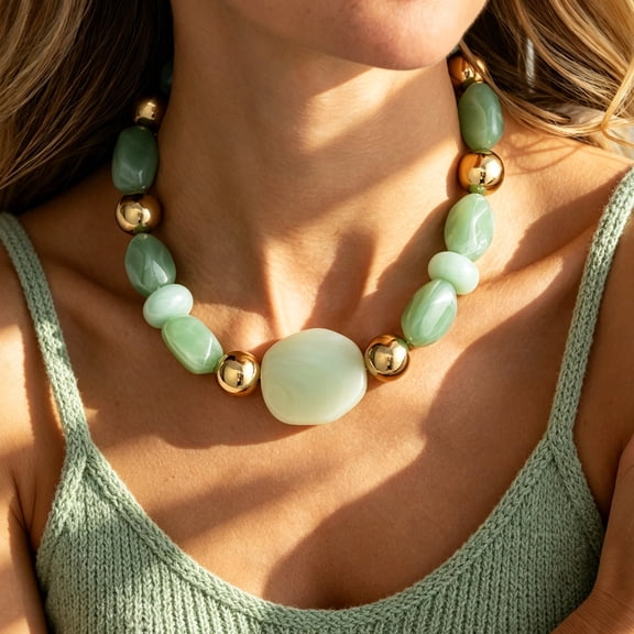 NICKSUN Fresh Mint Green Marbled Resin Beaded Choker Necklace for Women, Irregular Resin & 18K Gold Plated Chunky Bead Necklace, Casual Daily Commute Versatile Vacation Beach Fashion Jewelry Gift