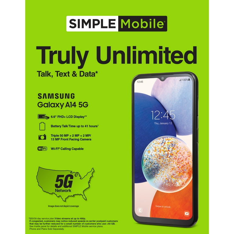 Simple Mobile Samsung Galaxy A14 5G, 64gb, Black - Prepaid Smartphone (Locked)