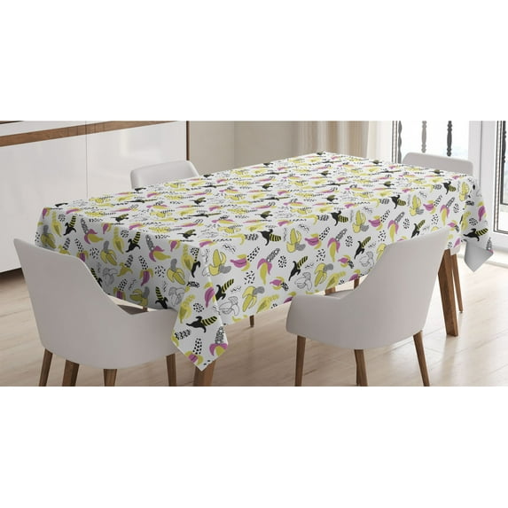 Banana Tablecloth, Patterned Fruit Dots Lines 90's Style Plain Background, Rectangle Satin Table Cover Accent for Dining Room and Kitchen, 60" X 84", Multicolor, by Ambesonne