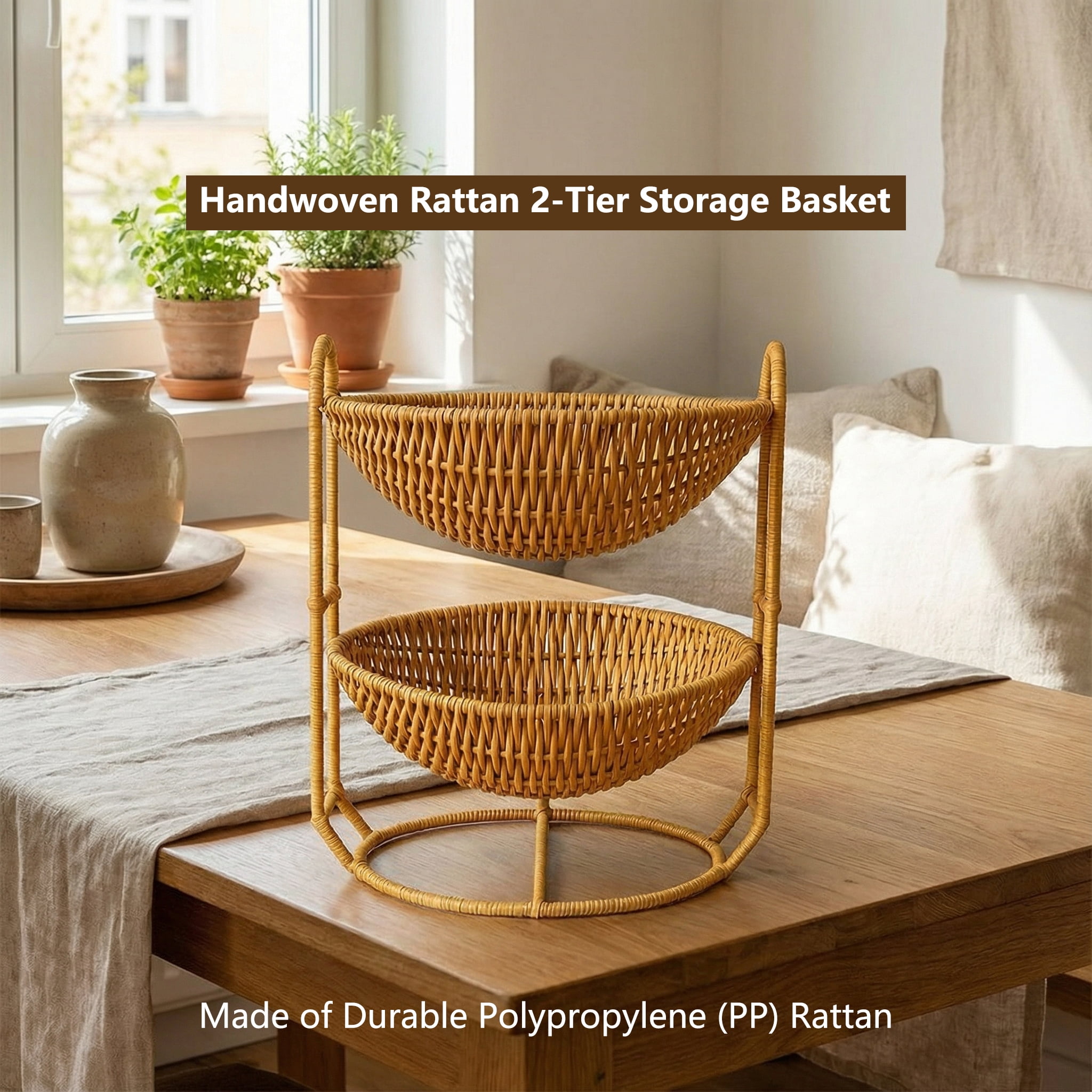 Handles Rattan Fruit Storage Basket, Beige Japanese