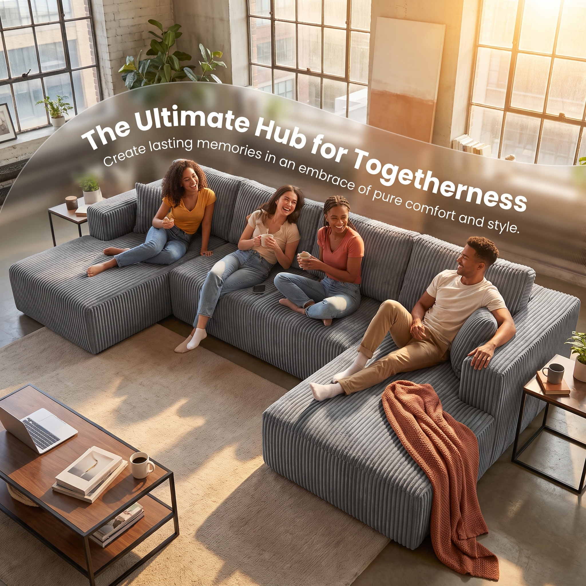 ShiKeyi 132.5" Modern U-Shaped Modular Sectional Sofa with Double Chaise, Corduroy Fabric Cloud Couch Set with Storage Pockets for Living Room, No Assembly Required, Drak Gray