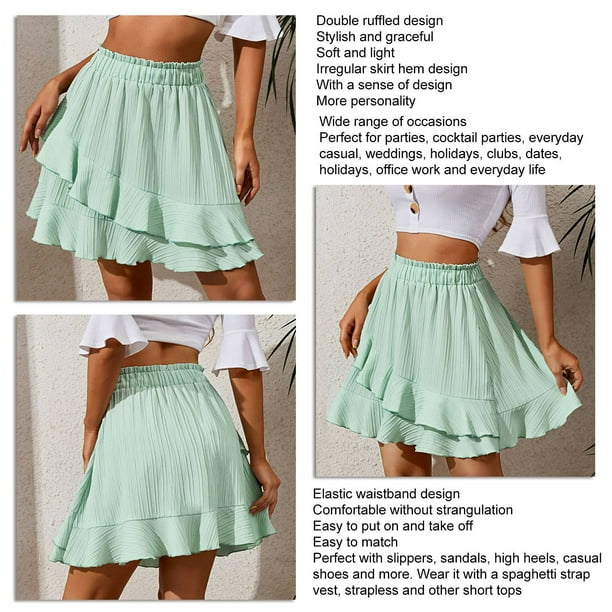 Women Ruffle Hem Mini Skirt Summer Fashionable Irregular Hem Pure Color Women High Waist Mini Skirt Green S