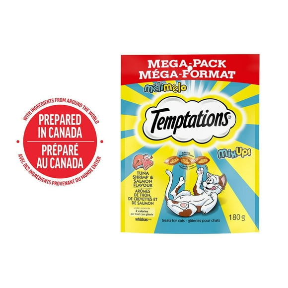 Gâteries pour chats Temptations Mélimélo arômes de thon, de crevettes et de saumon, tendres à l'intérieur, croquantes à l'extérieur