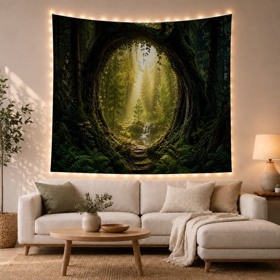 Cascading Waterfall in Mossy Tree Arch Forest, Mystical Fantasy for Nature Lovers, Woodland Art Print, Housewarming Gift Tapestry Wall Hanging for Bedroom and Living Room