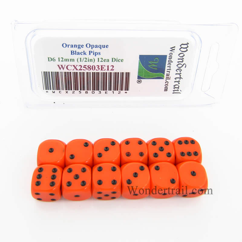 Orange Dice with Black Pips D6 12mm (1/2in) Pack of 12 Wondertrail