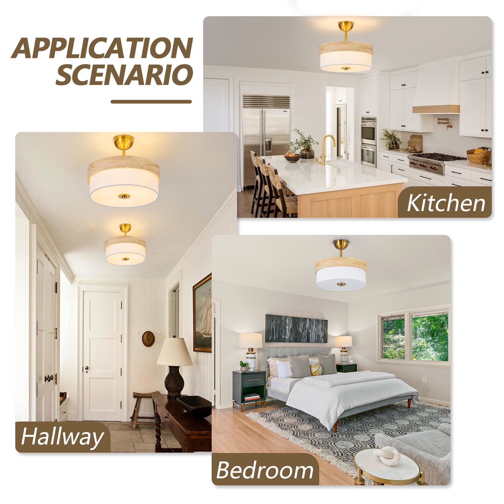 BESTOMINE Semi Flush Mount Ceiling Light Fixture,13 Inch Gold Light Fixtures Ceiling Mount, Natural Wood Frame with White Fabric Shade, Modern Flush Mount Light Fixture for Bedroom, Hallway