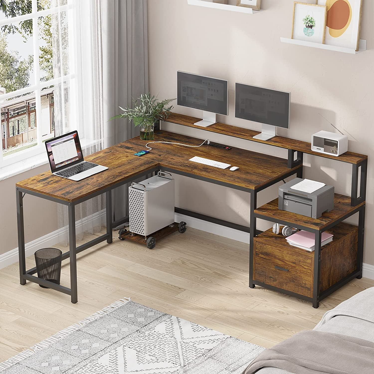 Buy Sedeta L Shaped Desk with Hutch, Storage Shelves, File Drawer and