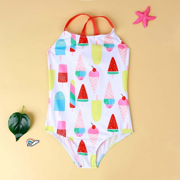 uublik Girls Swimsuits Summer One-piece Swimsuit Ice Cream Printing Swimsuit White, Sizes 3T-8