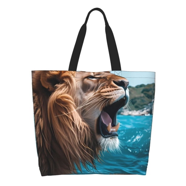 Balery Ice Blue Coastal Lion Bolsa Tote Estilo Estético con Cremalleras, Bolsa de Hombro, Bolsa de Compras Grande y Plegable