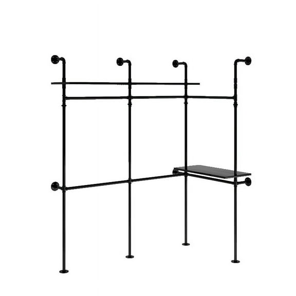 Industrial Pipe Clothing Rack, Reversible 118.3'' Clothes Rack for Hanging Clothes, Heavy Duty Garment Rack Closet Wardrobe Rack with LED Lights & Shelves, Walk-in Closet System, Black (Three)
