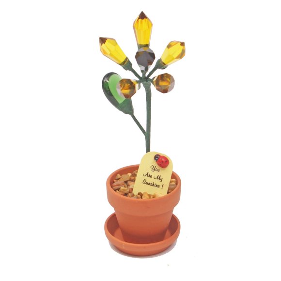 JustPaperRoses - 18th Wedding Anniversary Crystal Sunflower Rose - 7"" Tall - Handmade with Crystal Drops - Terra Cotta Pot with You are My Sunshine Tag - Romantic Gift for Couples