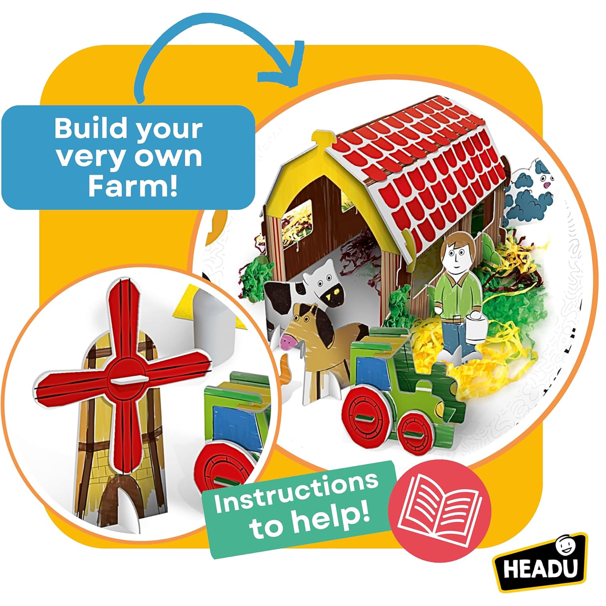 Headu: My First Creative Farm - Build-Color-Decorate a 3D Farm Scene, Barn-Animals-Farmers Cut-Out Pieces, DIY Tactile Storytelling Crafting, Kids 4+