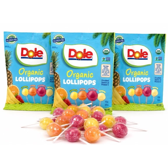 Dole Organic Lollipops | Pineapple, Orange, Strawberry and Banana Naturally flavored Lollipops 1.63 oz 3 bags