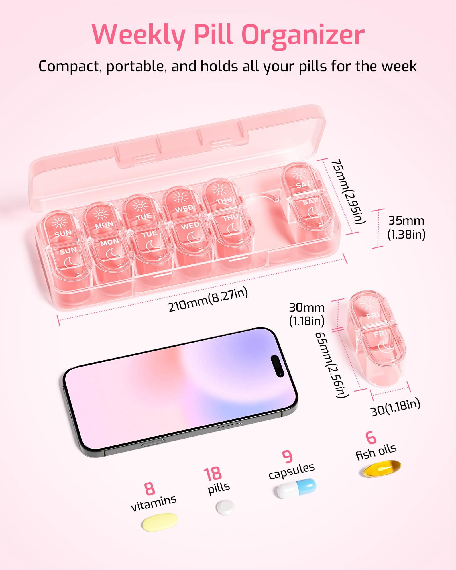 Weekly Pill Organizer 2 Times a Day, 7-Day AM PM Medicine Case, Travel-Friendly Pill Box for Fish Oils, Vitamins & Supplements