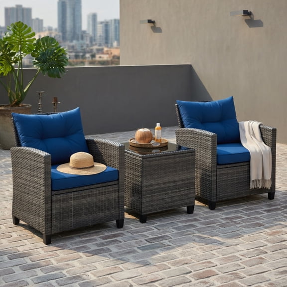 Hommoo 3-Piece Outdoor Wicker Conversation Set, PE Rattan Sofa Set with Tempered Glass Coffee Table, Weather-Resistant Patio Furniture for Backyard, Poolside & Garden, Navy