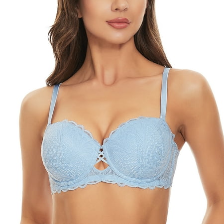 

Deyllo Women s Sexy Lace Push Up Padded Multiway Underwire Strapless Bra Sky Blue 32DD