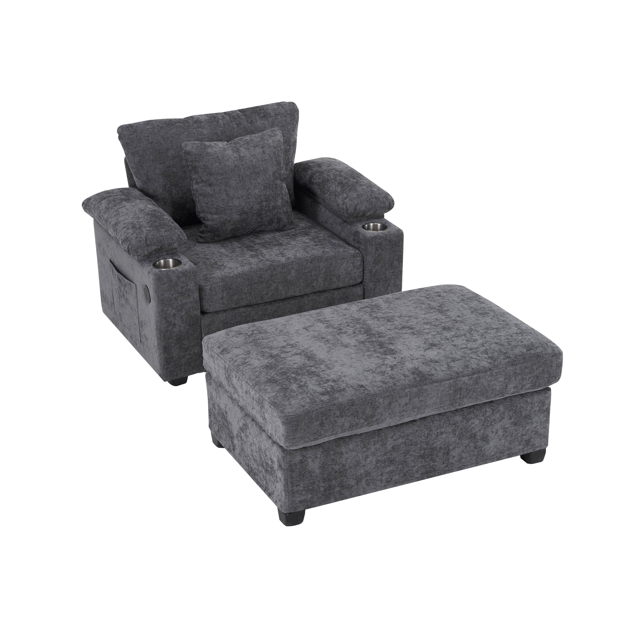 Alvantor Oversized Lounge Chair with Ottoman, Chenille Accent Armchair with Cupholders & USB Charging for Living Room Dark Gray