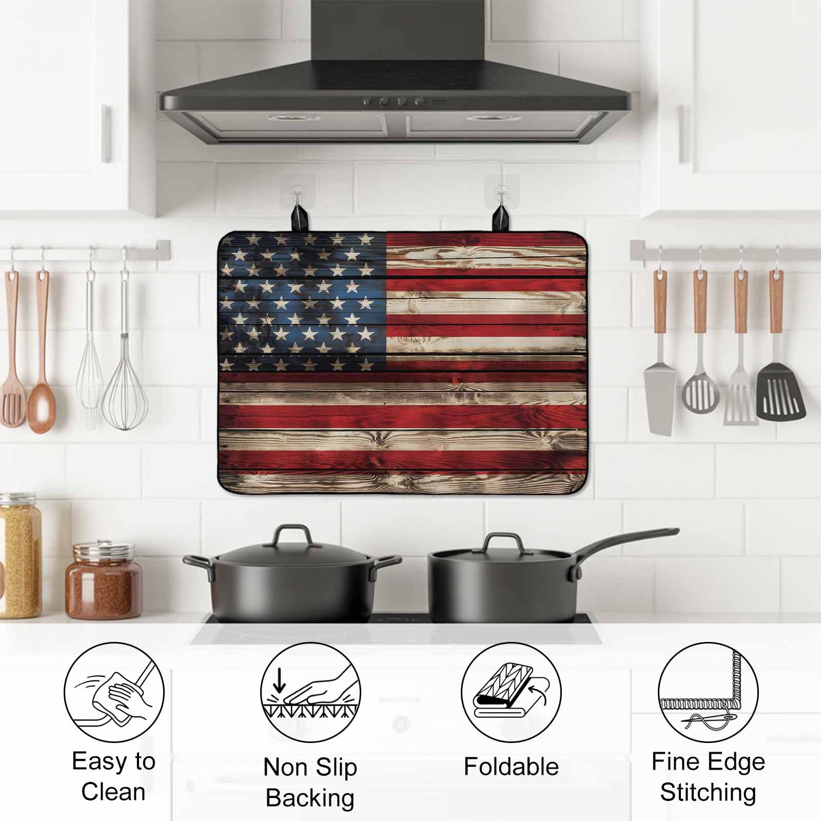 Retro American Flag Stove Top Cover for Electric Stove, Heat-proof & Non Slip Glass Top Stove Cover Protector, Red Blue Flag Vintage Wooden Kitchen Flat Cooktop Rubber Mat 24x21 Inches