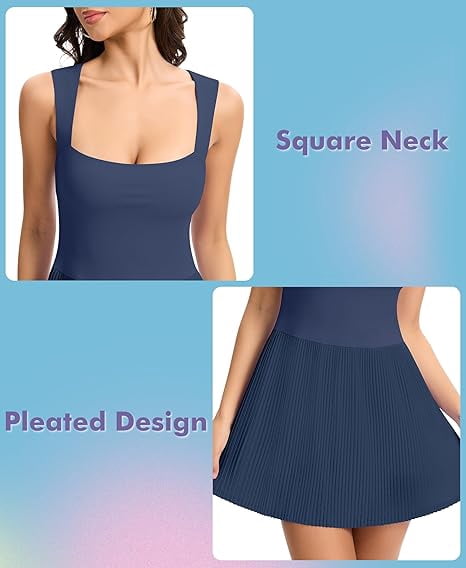 JoyGirl Womens Square Neck Tennis Dress Pleated Sleeveless Golf Dress with Built in Shorts Athletic Dresses with Pockets