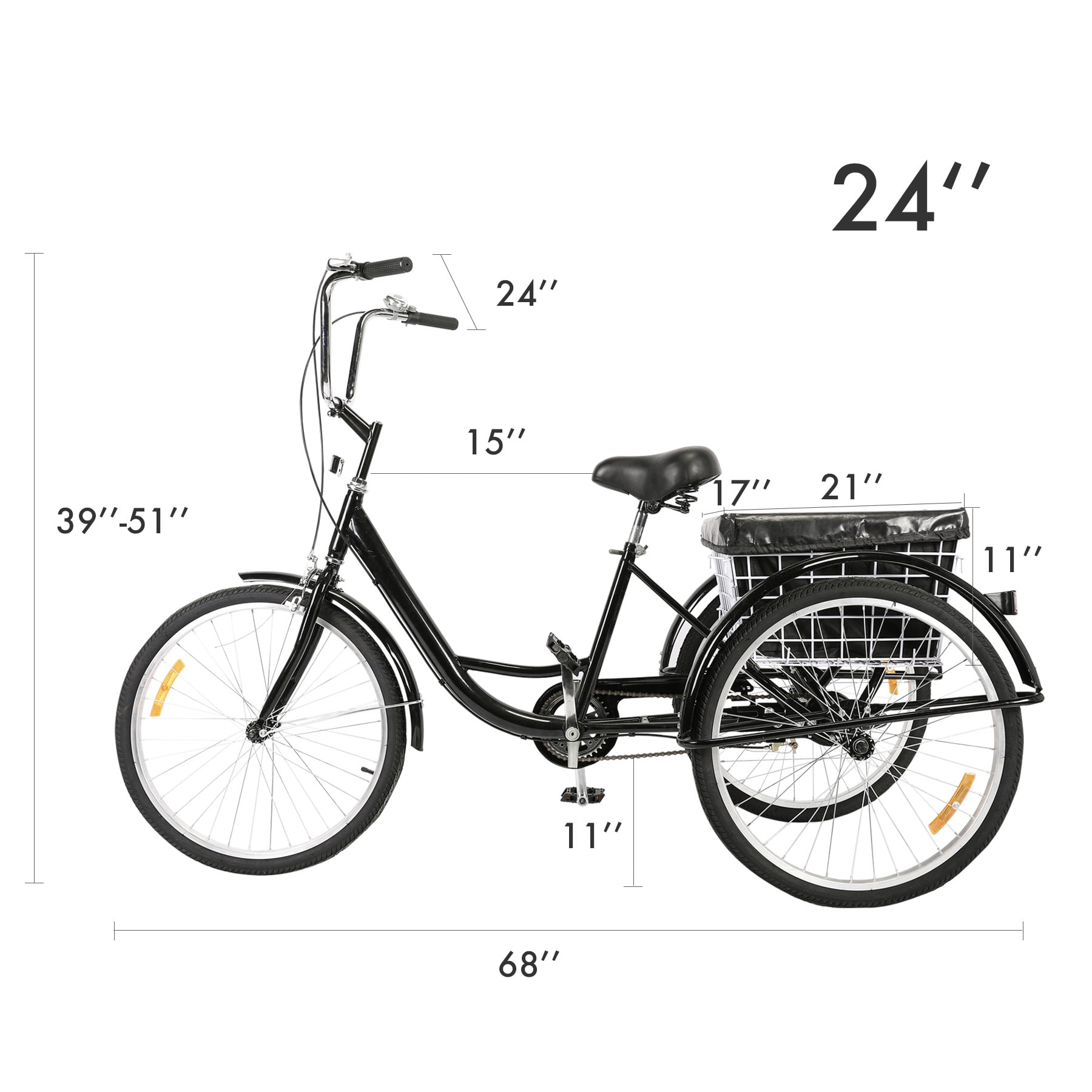 24" Adult Tricycle w/ Basket Brake & Fenders for Shopping & Outing, Black