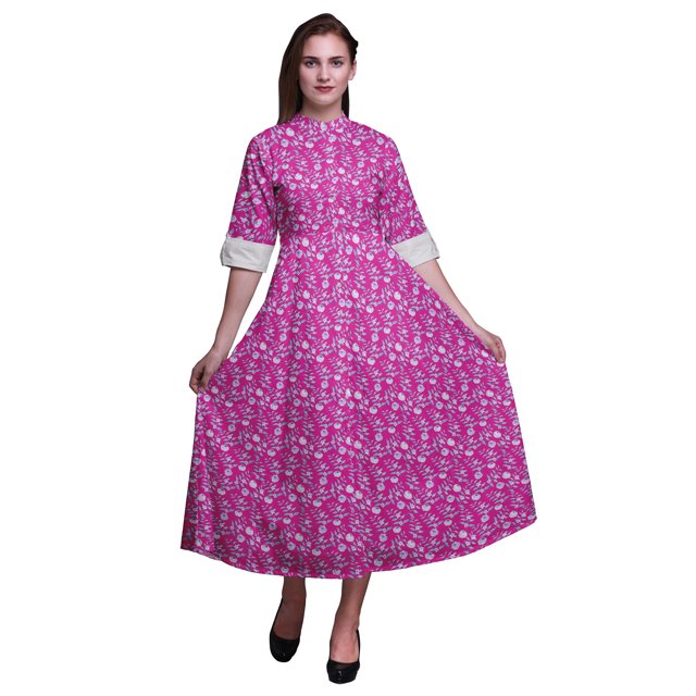 Bimba Robe Chemise à Boutons Florale Imprimée Col Mandarin Manches Retroussables-Petite