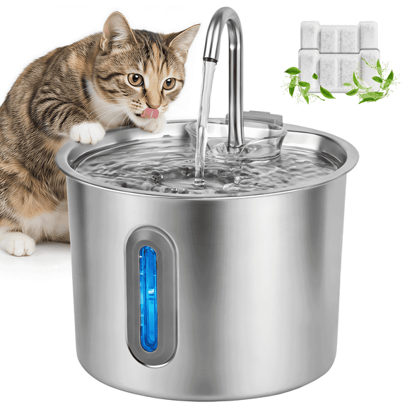 NIGHTEEN Cat Water Fountain Stainless Steel Automatic Pet Water Dispenser for Cats and Dogs with Replacement Filters, 2.2L