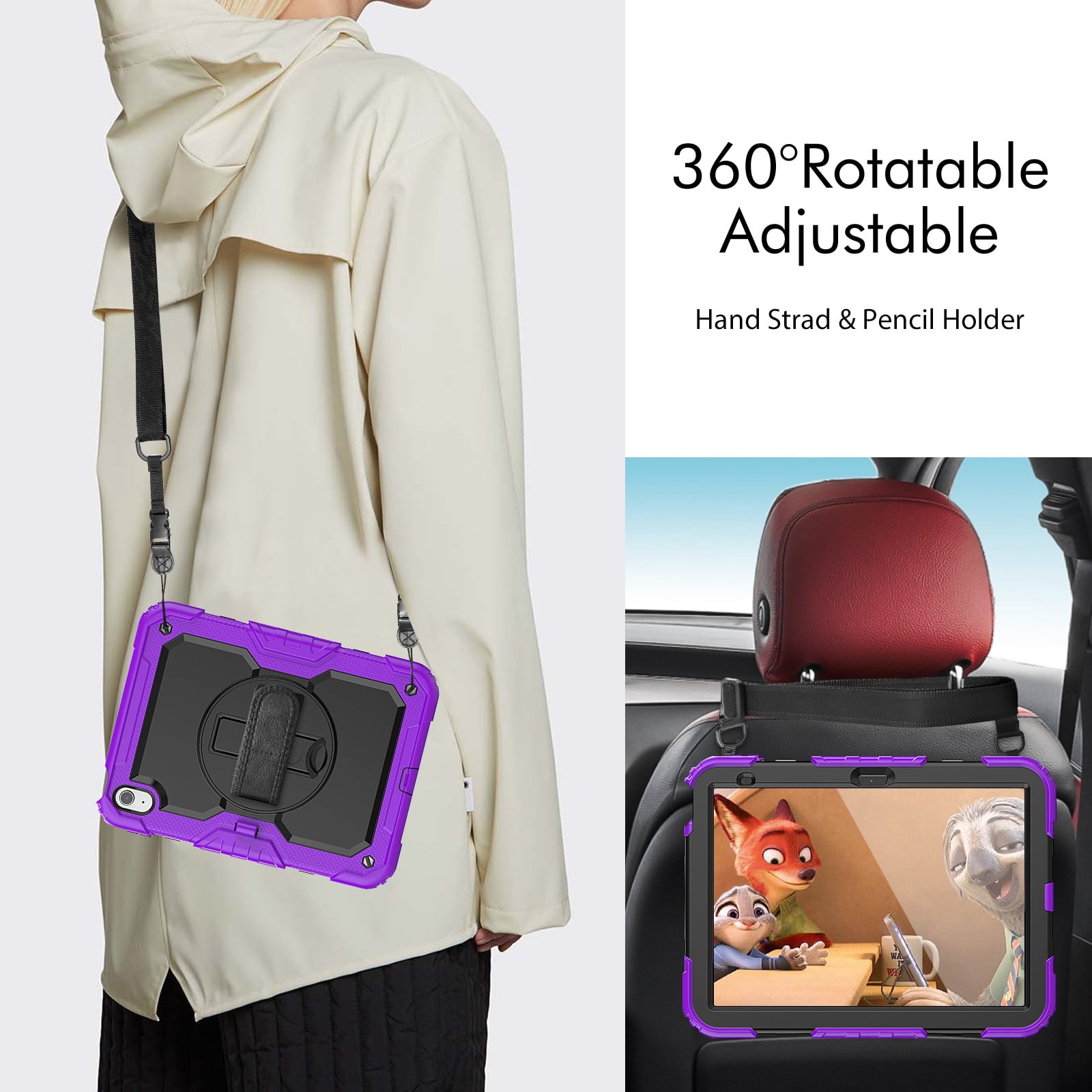 Mantto for iPad 10th Generation Case 10.9" 2022, Built in-Screen Protector with Pencil Holder/360 Rotation Stand-Shoulder Strap-Heavy Duty Shockproof Rugged Soft Silicone Protective Case, Purple