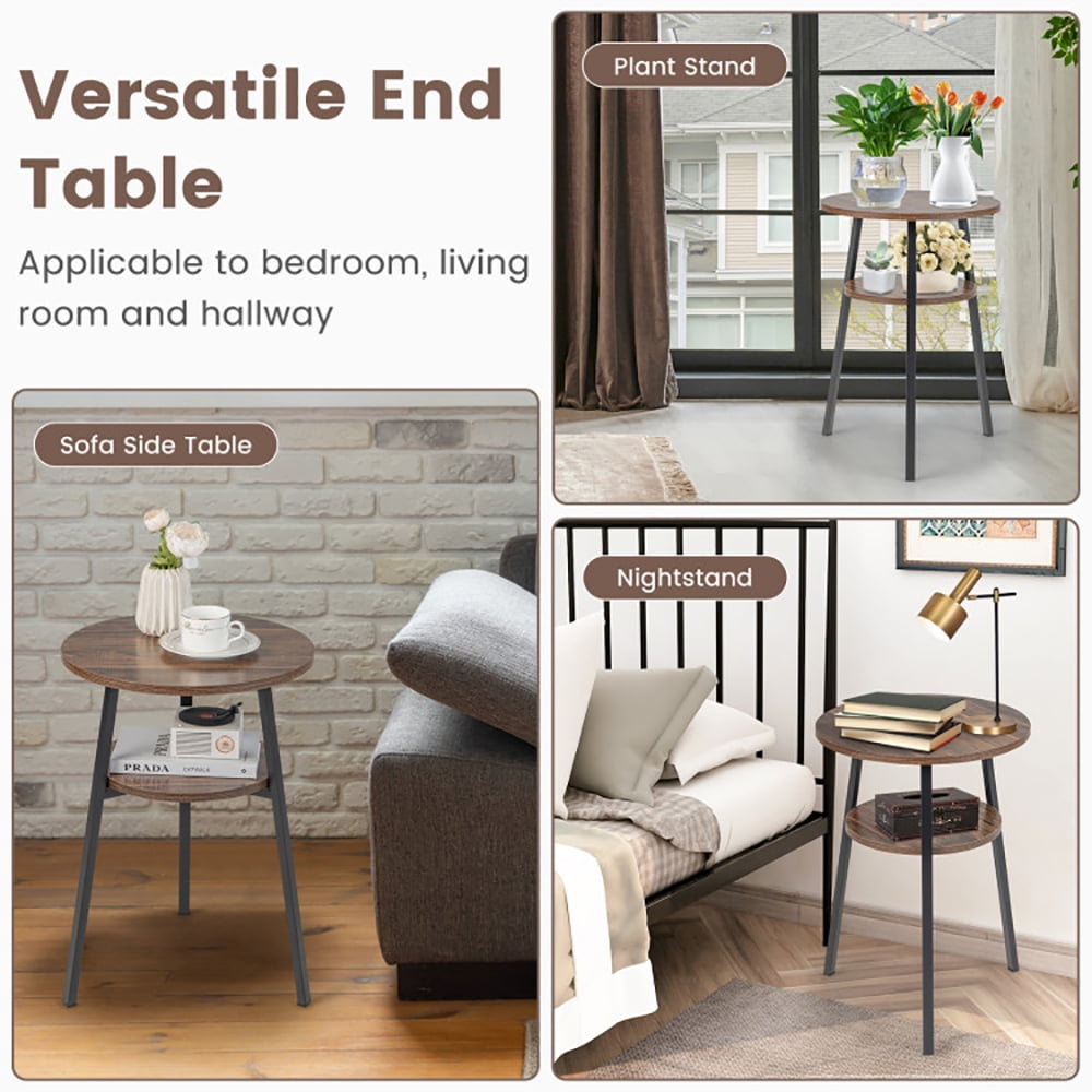 Finihen End Table, 2-Tier Round End Table with Open Shelf and Triangular Metal Frame, Sofa Side Table, Bed Side Table, for Living Room, Bedroom, Brown Finihen End Table, 2-Tier Round End Table with Open Shelf and Triangular Metal Frame, Sofa Side Table, Bed Side Table, for Living Room, Bedroom, Brown