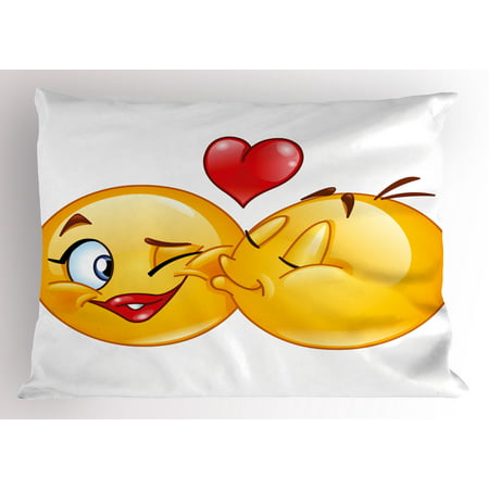 Emoji Pillow Sham Romantic Flirty Loving Smiley Faces Couple Kissing Eachother Hearts Image Art Print, Decorative Standard Queen Size Printed Pillowcase, 30 X 20 Inches, Multicolor, by